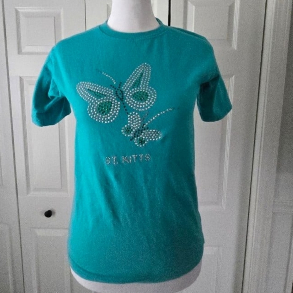 Vtg 90s St. Kitts teal butterfly tweens tshirt 14/16